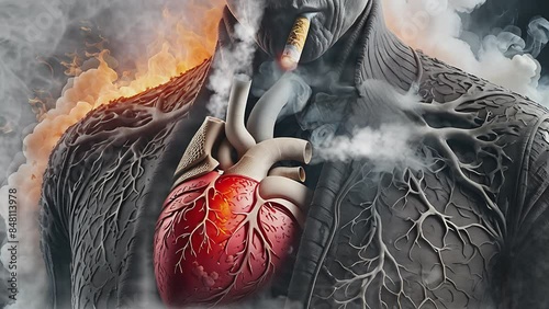 Illustrative view of smoker's smoke in the lungs juxtaposed with blood vessels, highlighting the impact on health photo