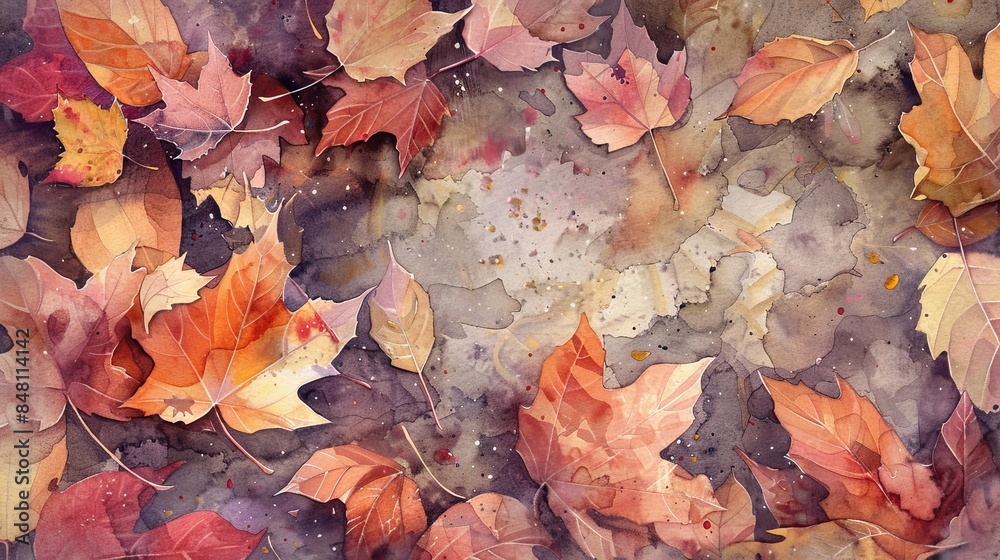 Watercolor image featuring leaves scattered on the ground, vibrant hues of autumn foliage Watercolor image featuring leaves scattered on the ground, vibrant hues of autumn foliage