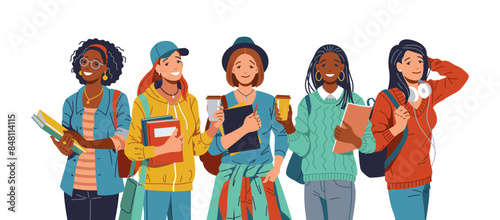 Six diverse female students of different ethnic backgrounds in a university library. They smile, hold books and folders. Background is white. Conveys diversity, cooperation, academic success.