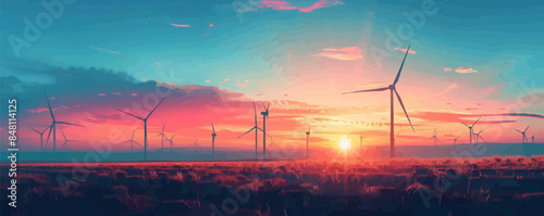 Windmills in the field for green energy from the wind, environmentally friendly technological systems of the future, sunset light against the sky, panorama. vector simple illustration