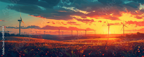 Windmills in the field for green energy from the wind, environmentally friendly technological systems of the future, sunset light against the sky, panorama. vector simple illustration