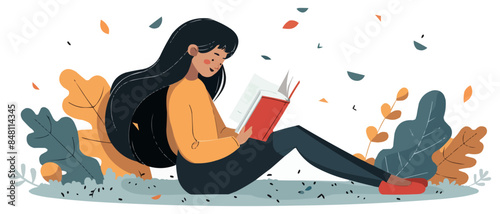 Woman reading a book. Girl enjoying literature, story. Studying, learning, self education, bookworm concept. International literacy day, book fair or festival. Vector flat minimalistic isolated