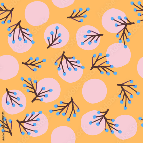 Flowers, spring, buds. Vector seamless pattern, polka dots, romantic print for fabrics. Botanical theme, light, beautiful and harmonious. Branches, leaves and flower. Super cute.