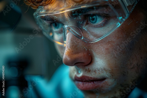 Focused nanotechnology scientist wearing protective glasses conducting research