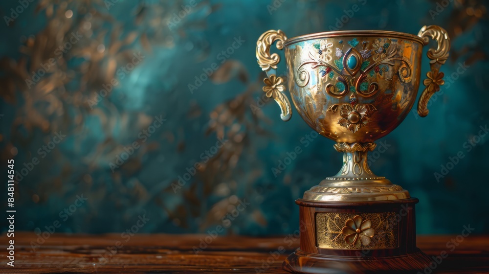 Gold trophy trophy with wooden base, flower embroidery on the base. sit on top of wooden table, studio lighting, in style of realistic studio photo, generated with AI Gold trophy trophy with wooden base, flower embroidery on the base. sit on top of wooden table, studio lighting, in style of realistic studio photo, generated with AI