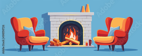 Cozy fireplace with crackling logs and armchairs. Vector flat minimalistic isolated illustration.