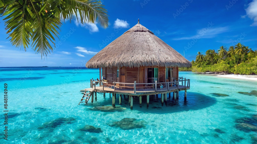 Escape to a Secluded Tropical Paradise: Stunning Beach Hut on a Remote Island with Crystal Clear Waters and Vibrant Marine Life Surrounded by Beautiful Scenery Escape to a Secluded Tropical Paradise: Stunning Beach Hut on a Remote Island with Crystal Clear Waters and Vibrant Marine Life Surrounded by Beautiful Scenery