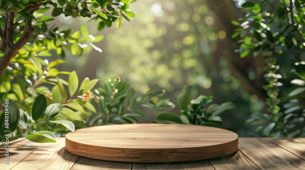 Elegant wooden product display podium with soft focus nature leaves on a serene green background, 3d rendering Elegant wooden product display podium with soft focus nature leaves on a serene green background, 3d rendering