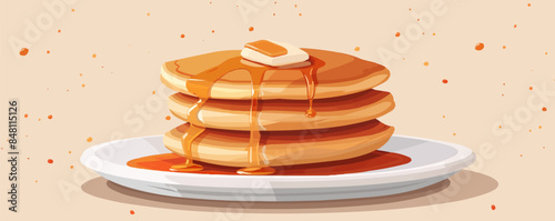A stack of pancakes with syrup dripping down the sides. Vector flat minimalistic isolated illustration.