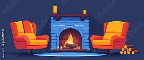 Cozy fireplace with crackling logs and armchairs. Vector flat minimalistic isolated illustration.