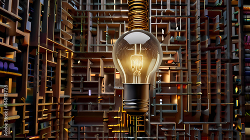 Background an intricate maze where the path leads to a lightbulb