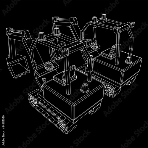 Heavy equipment excavator machine manufacturing power equipment for open pit mining. Wireframe low poly mesh vector illustration