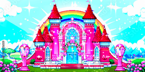 8-bit pixel art crystal castle backdrop for wedding ceremony with white and rainbow accents