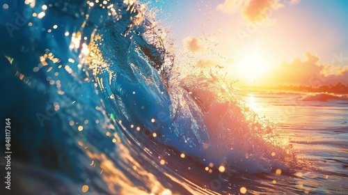 Closeup view of tide of sea water for surfing with warm sunlight