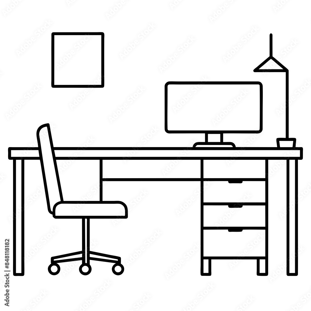 Continuous Line Drawing of Home Office Interior - Modern Work Desk & Laptop. Continuous Line Drawing of Home Office Interior - Modern Work Desk & Laptop.