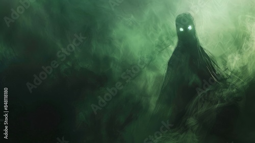 A menacing figure, shrouded in an eerie green mist, emerges from the darkness, its glowing white eyes piercing the shadows. photo