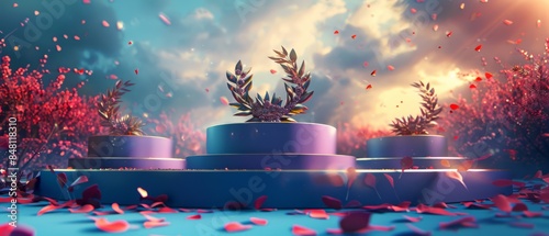 Three olympic purple podiums decorated with golden laurel leaves, tv commercial photo