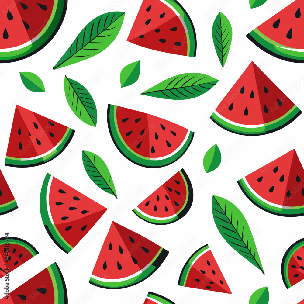 Slices of ripe red watermelon interspersed with fresh green leaves create a vibrant pattern. Slices of ripe red watermelon interspersed with fresh green leaves create a vibrant pattern.