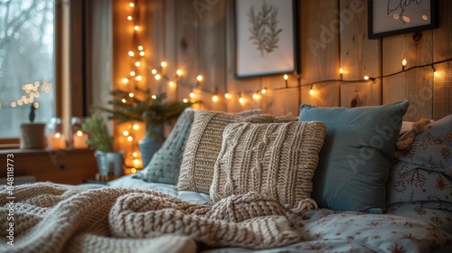 Add a touch of sparkle to your modern bedroom with metallic throw pillows, sleek string lights, and minimalist holiday decor.