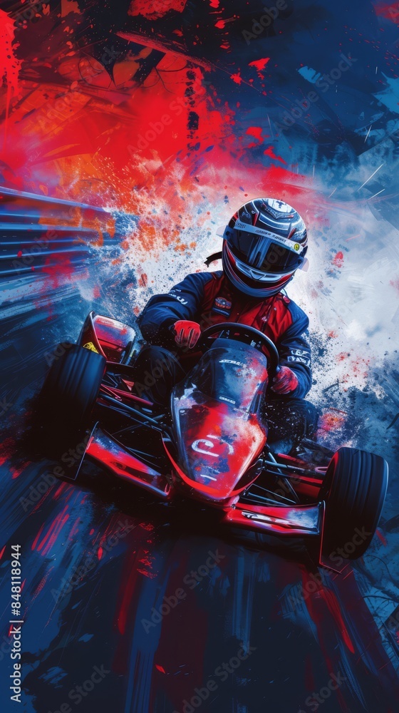 Karting car, creative poster, vector graphics, red end blue colors