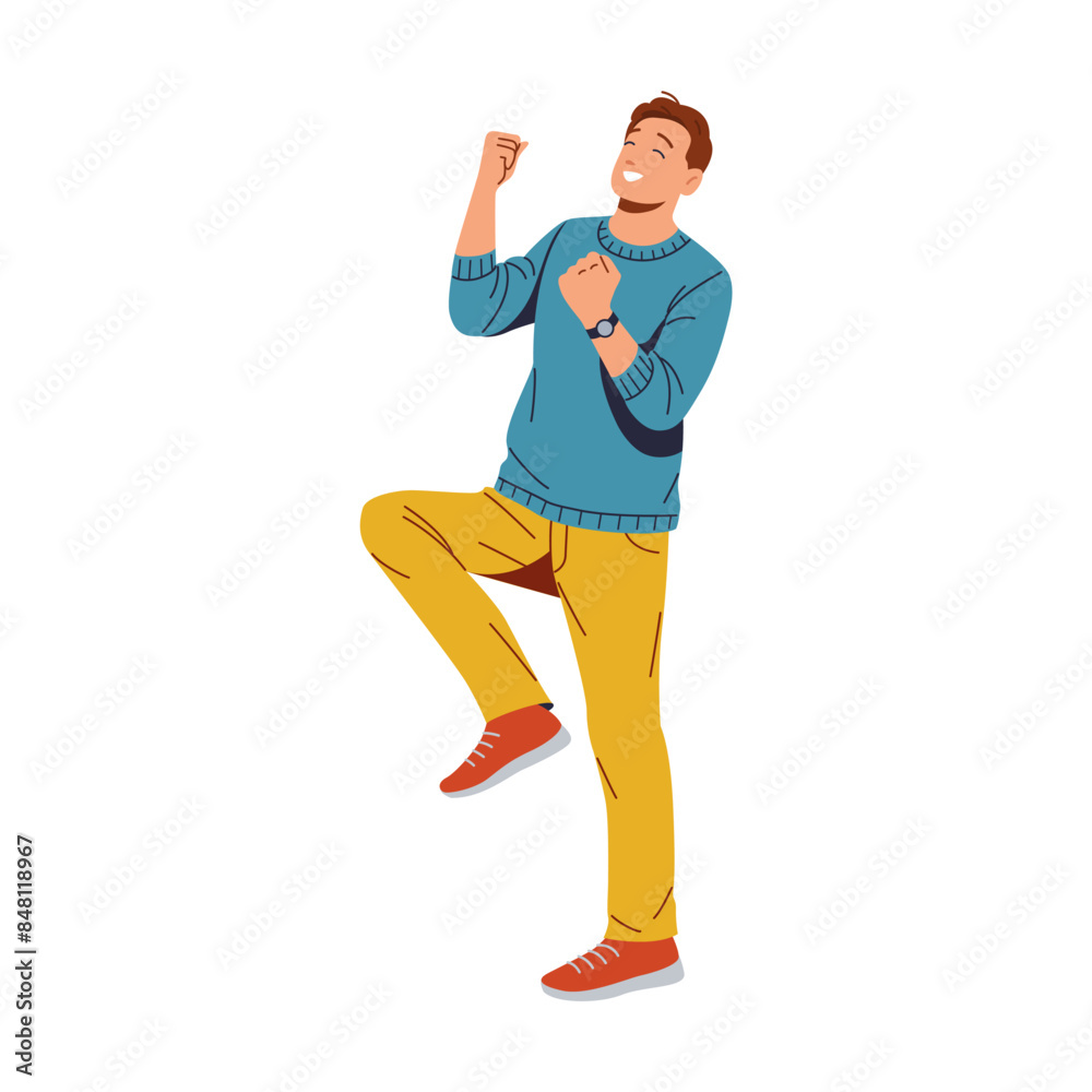 Young man jumps with joy, fists raised in celebration. Ideal for expressing jubilation, achievement, and excitement. Conveys feelings of success, triumph, and happiness. Isolated on white background Young man jumps with joy, fists raised in celebration. Ideal for expressing jubilation, achievement, and excitement. Conveys feelings of success, triumph, and happiness. Isolated on white background