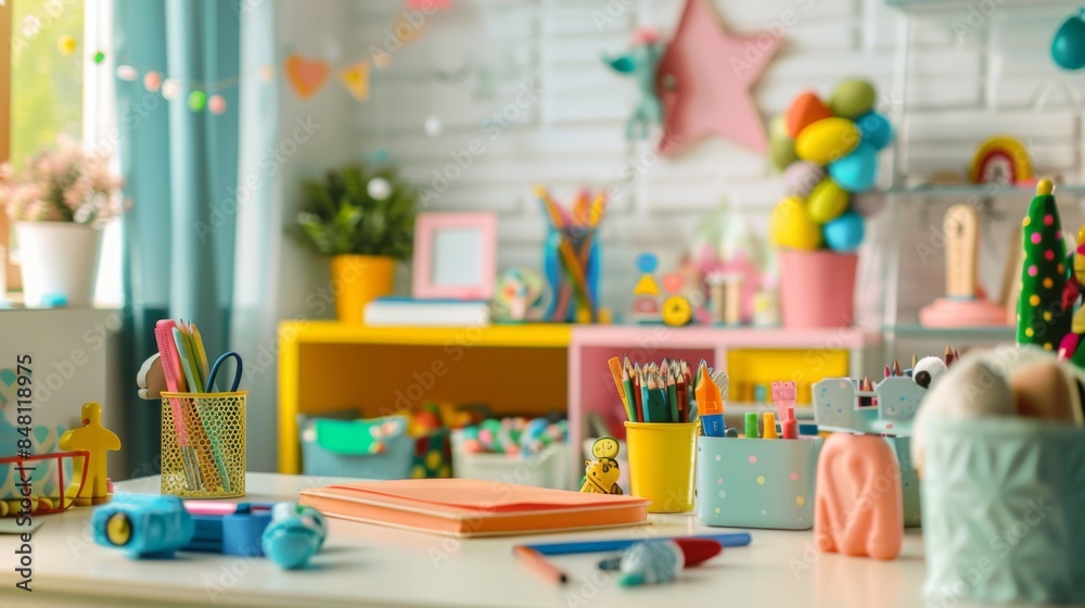 A child's study desk with colorful supplies and educational toys, encouraging learning and exploration. A child's study desk with colorful supplies and educational toys, encouraging learning and exploration.