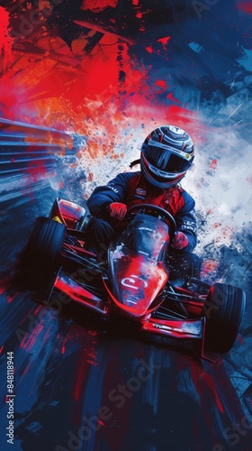 Obraz na płótnie Karting car, creative poster, vector graphics, red end blue colors w salonie
