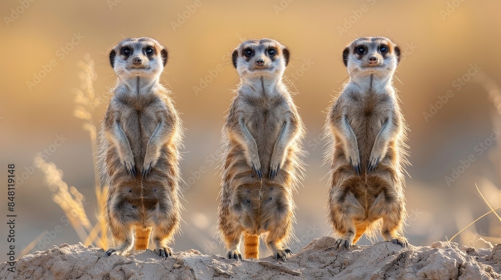 Three meerkats stand on alert, their furry bodies silhouetted against the warm glow of the setting sun Three meerkats stand on alert, their furry bodies silhouetted against the warm glow of the setting sun