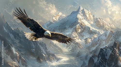 A powerful eagle gracefully glides through the air, its wings outstretched against a backdrop of snow-capped mountain peaks photo