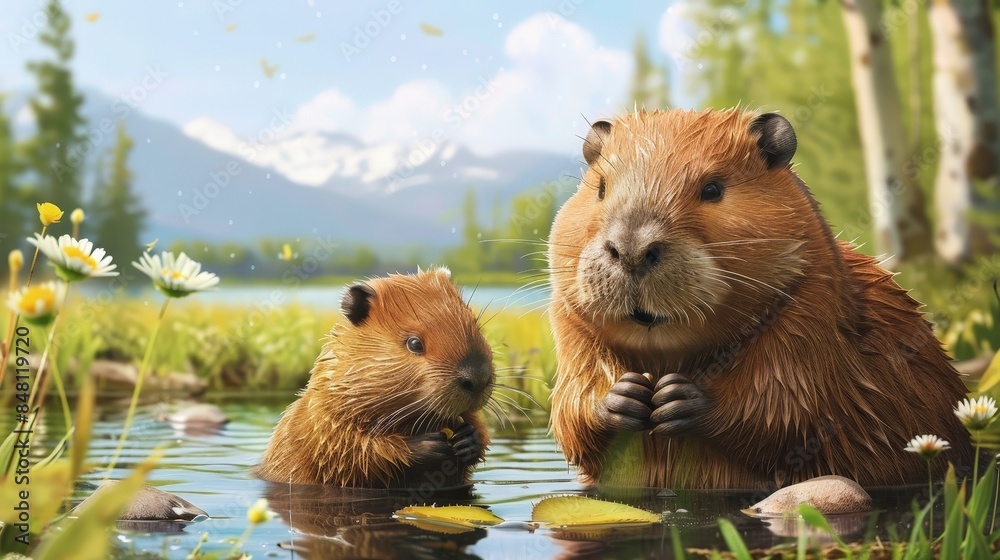 Two beavers, one large and one small, enjoy a relaxing afternoon in a mountain stream, surrounded by lush greenery and wildflowers Two beavers, one large and one small, enjoy a relaxing afternoon in a mountain stream, surrounded by lush greenery and wildflowers