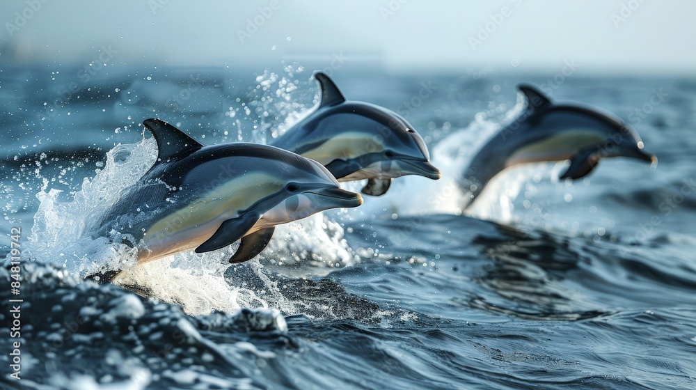 Obraz premium Three dolphins playfully leap out of the water, creating splashes and foam as they navigate the morning waves