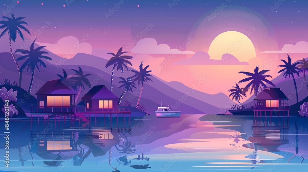 Obraz premium Vector illustration of beautiful scenic landscape of tropical sea beach.