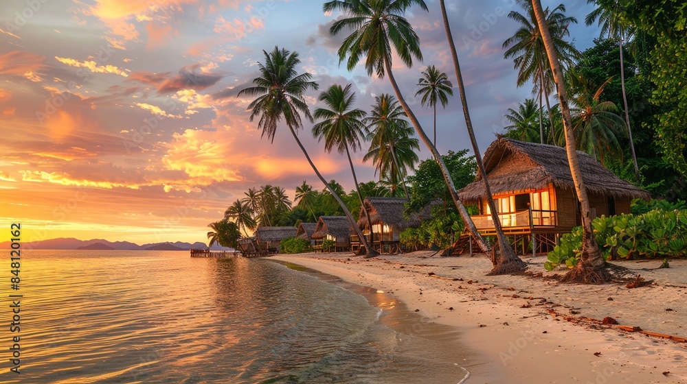 Fototapeta premium Beautiful luxury tropical vacation resort with palm tree and houses