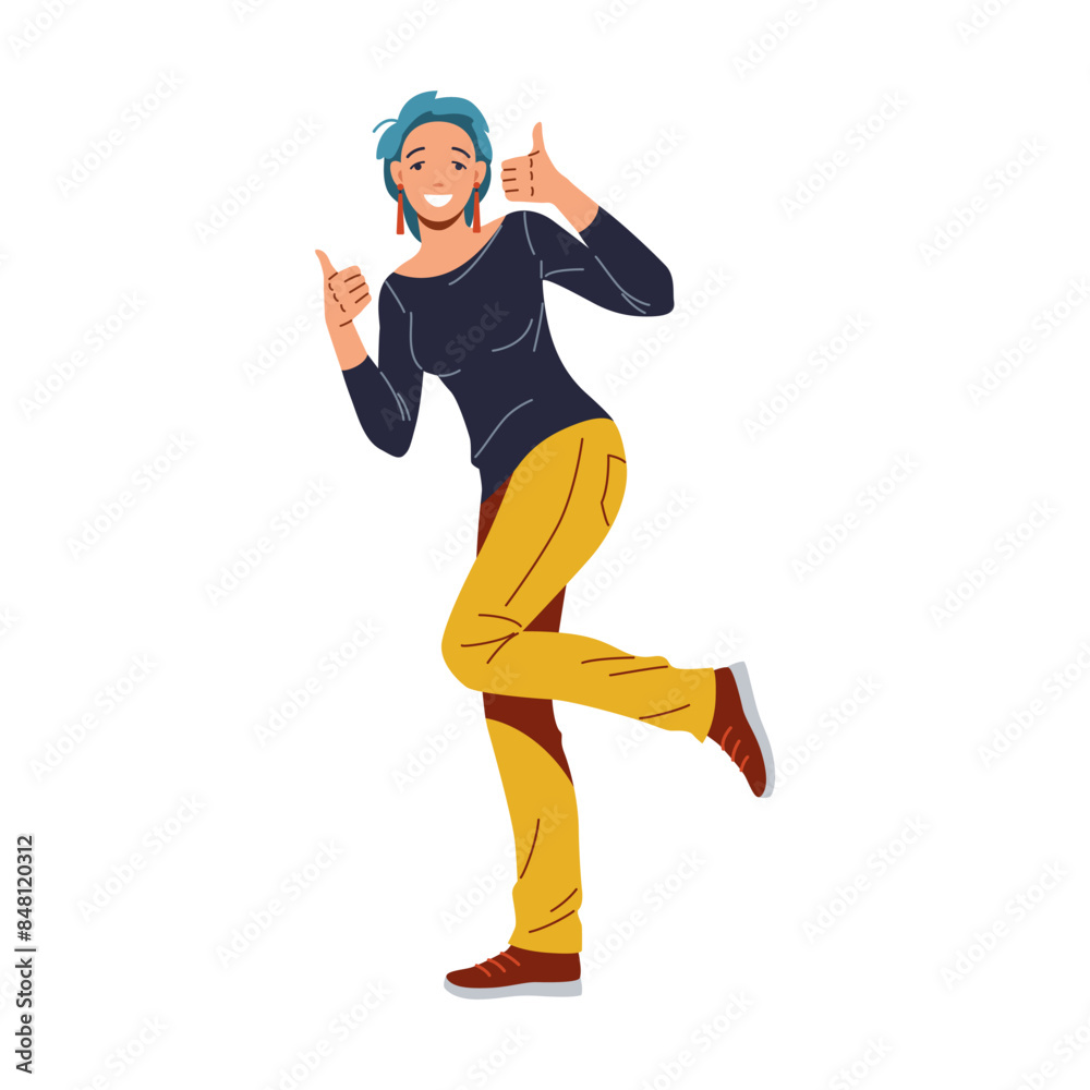Cheerful young female with blue hair and casual clothes giving thumbs up in approval or agreement, full length isolated on white background, trendy woman showing positive gesture with stylish outfit. Cheerful young female with blue hair and casual clothes giving thumbs up in approval or agreement, full length isolated on white background, trendy woman showing positive gesture with stylish outfit.