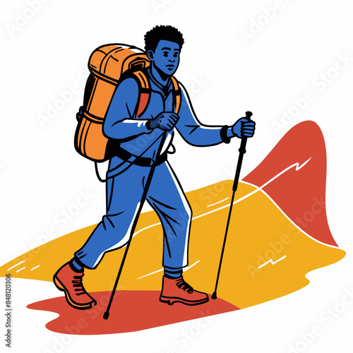  A hiker is walking with trekking poles, sticks, and a backpack