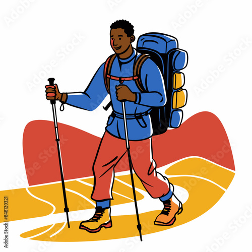  A hiker is walking with trekking poles, sticks, and a backpack