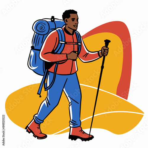  A hiker is walking with trekking poles, sticks, and a backpack