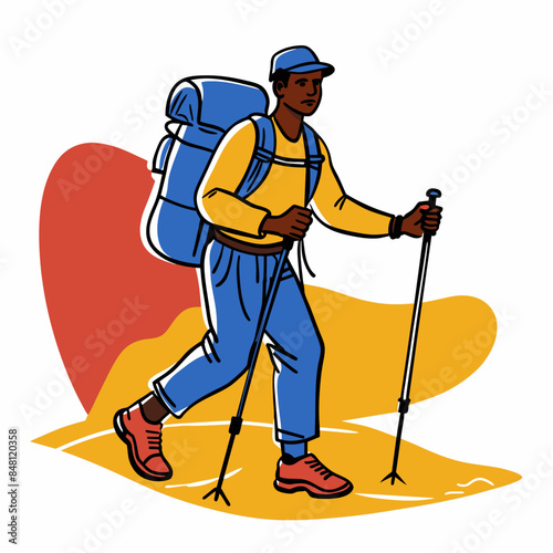  A hiker is walking with trekking poles, sticks, and a backpack