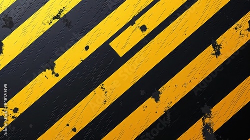 Grungy yellow and black hazard stripes warn of danger on a textured metal wall