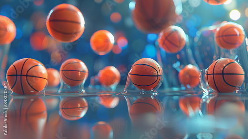 a captivating scene of multiple basketballs suspended in mid-air