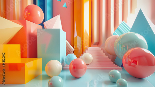 surreal abstract composition featuring a vibrant arrangement of geometric shapes