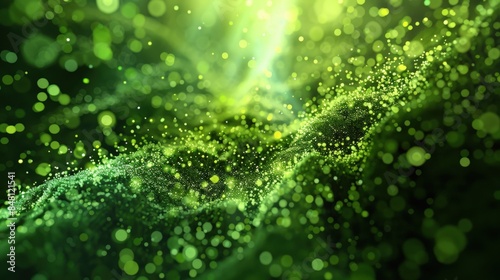 A 3D rendering showcases a mesmerizing field of green and black particles, with a dramatic depth of field effect highlighting the intricate dance of particles in space.