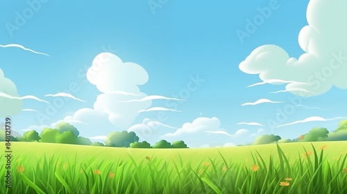 Scenic Countryside Landscape with Green Field and White Clouds
