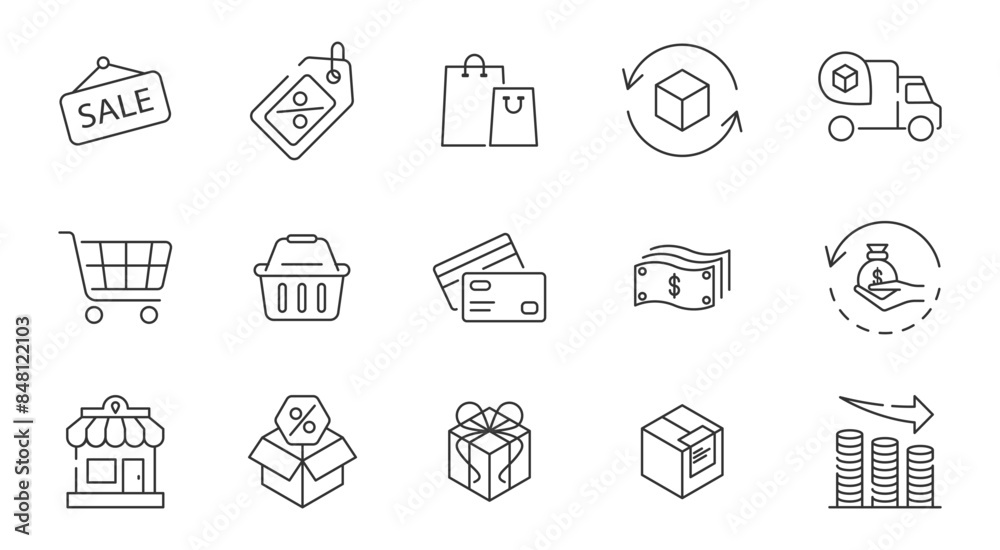 Shopping and e-commerce icon set. Store cart or basket line symbol. Sale or discount sign. Cash back and card payment outline illustration. Delivery, exchange and price stroke icons. Online shop set. Shopping and e-commerce icon set. Store cart or basket line symbol. Sale or discount sign. Cash back and card payment outline illustration. Delivery, exchange and price stroke icons. Online shop set.