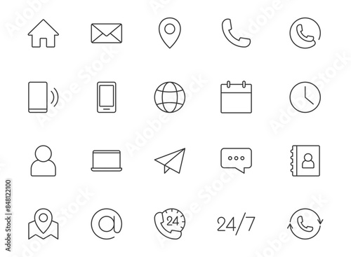 Business contact icons set. Phone symbol. Email sign. Online chat web icon. Company information. Location, address or map pictogram.
