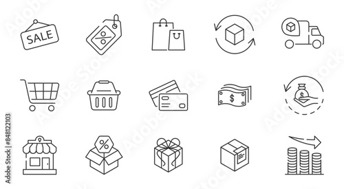 Shopping and e-commerce icon set. Store cart or basket line symbol. Sale or discount sign. Cash back and card payment outline illustration. Delivery, exchange and price stroke icons. Online shop set.
