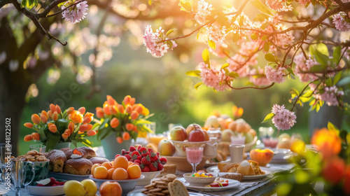 Beautiful outdoor brunch setup under blossoming trees, featuring an array of fresh fruits, flowers, and pastries in spring.