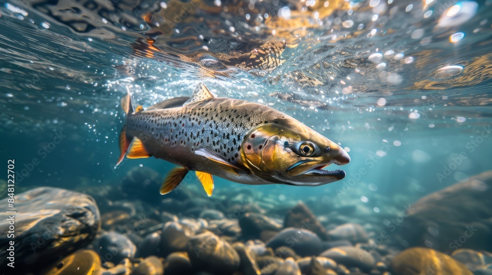 Photography, closeup, salmon under water