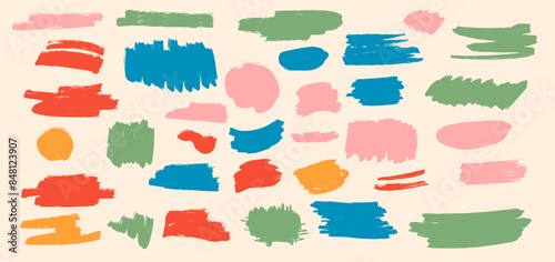 Vibrant abstract doodles brush strokes and shapes in a variety of colors set against a neutral beige background, forming a dynamic and engaging composition with varying sizes and orientations.