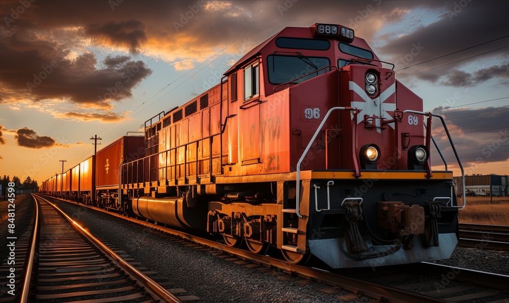 Red Train Traveling Down Train Tracks Under Cloudy Sky Red Train Traveling Down Train Tracks Under Cloudy Sky